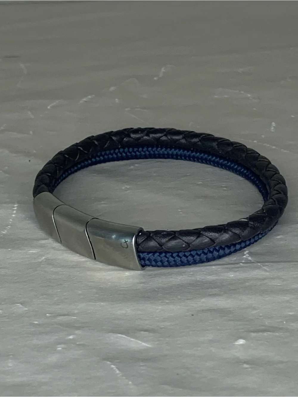 Men's Black Braided Leather and Navy Cord Bracelet with Steel Clasp